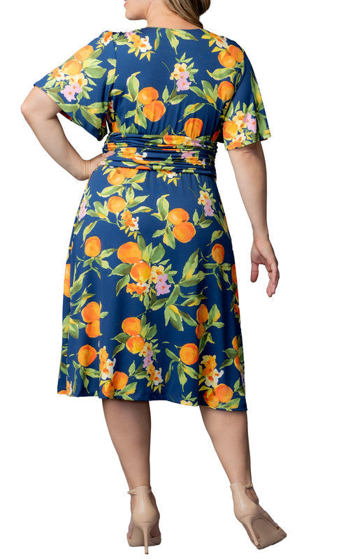Jemma Ruched Tie Dress - Navy Citrus - Plus