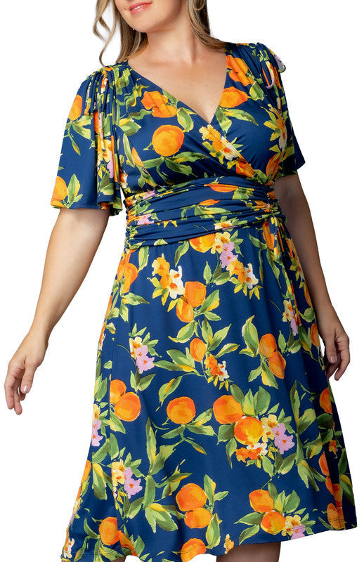 Jemma Ruched Tie Dress - Navy Citrus - Plus