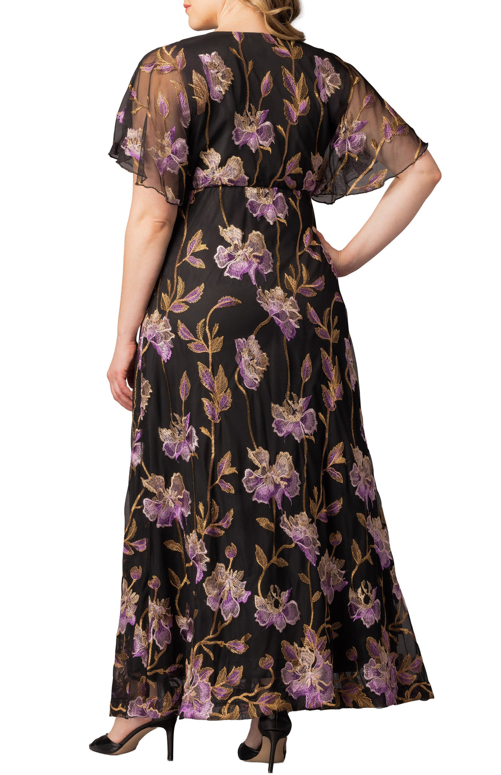 Embroidered Elegance Evening Gown Purple Peonies - Plus