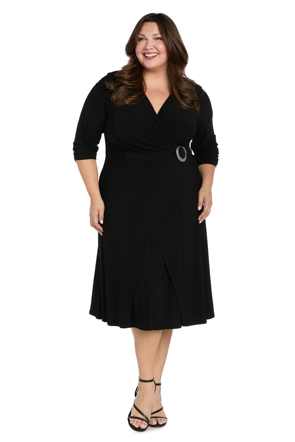 Midi Jersey Faux Wrap with 3/4 Sleeves-Black -Plus