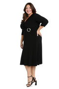 Midi Jersey Faux Wrap with 3/4 Sleeves-Black -Plus