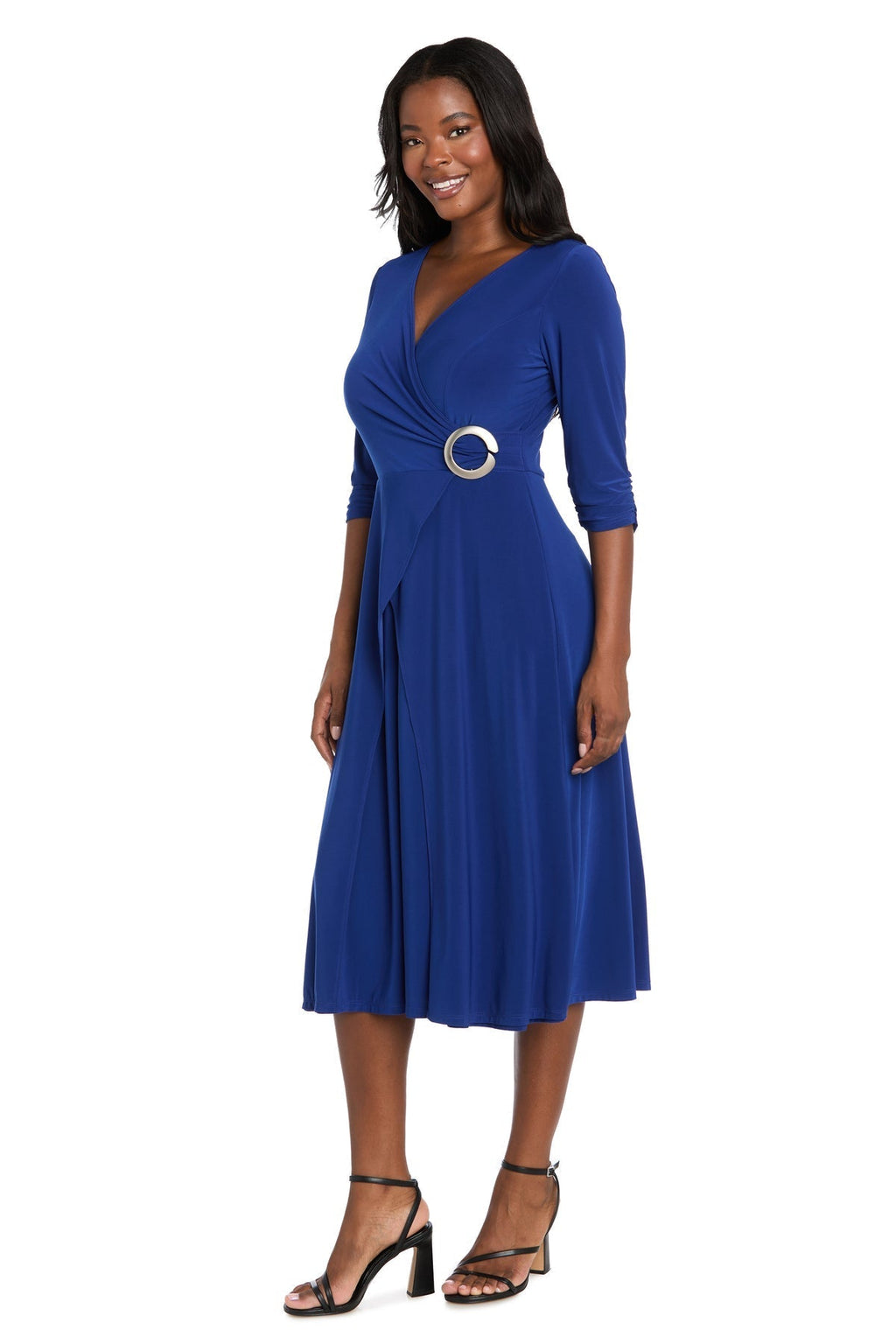 Midi Jersey Faux Wrap with 3/4 Sleeves - Indigo