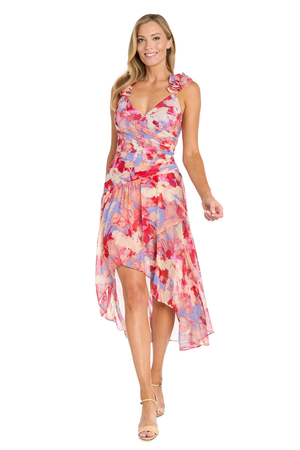 Printed Surplice Dress with Hi-Low Hem, Coral/Multi