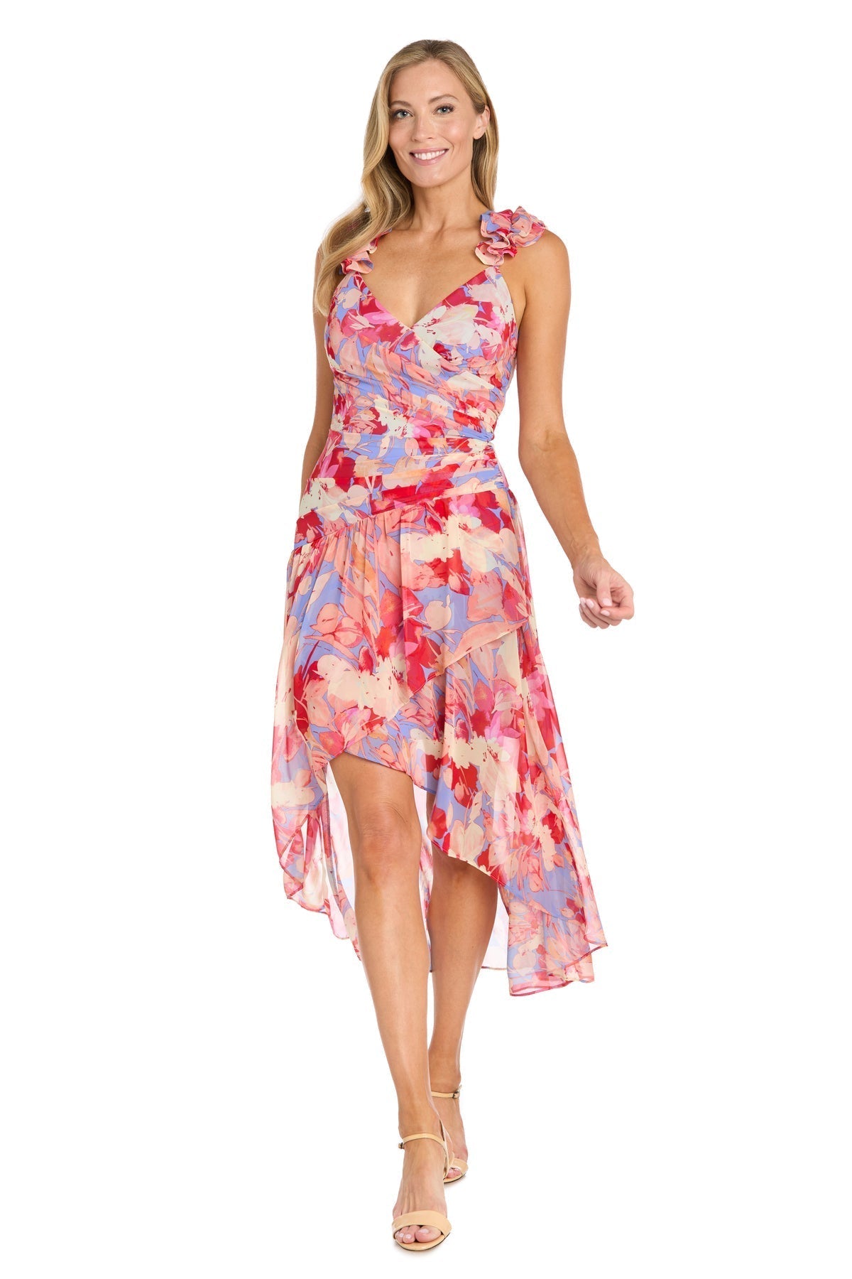 Printed Surplice Dress with Hi-Low Hem, Coral/Multi
