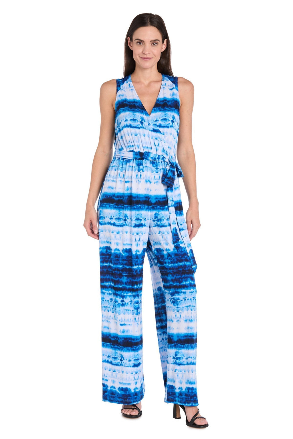 Printed Surplice Jumpsuit with Self Belt, Blue
