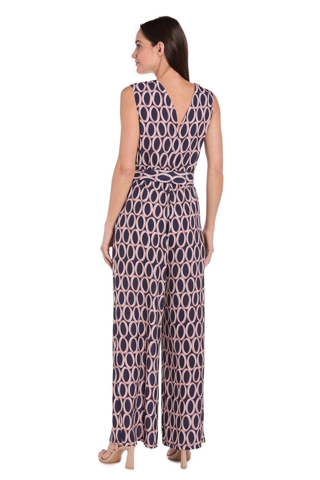 Printed Surplice Jumpsuit with Self Belt, Navy/Tan