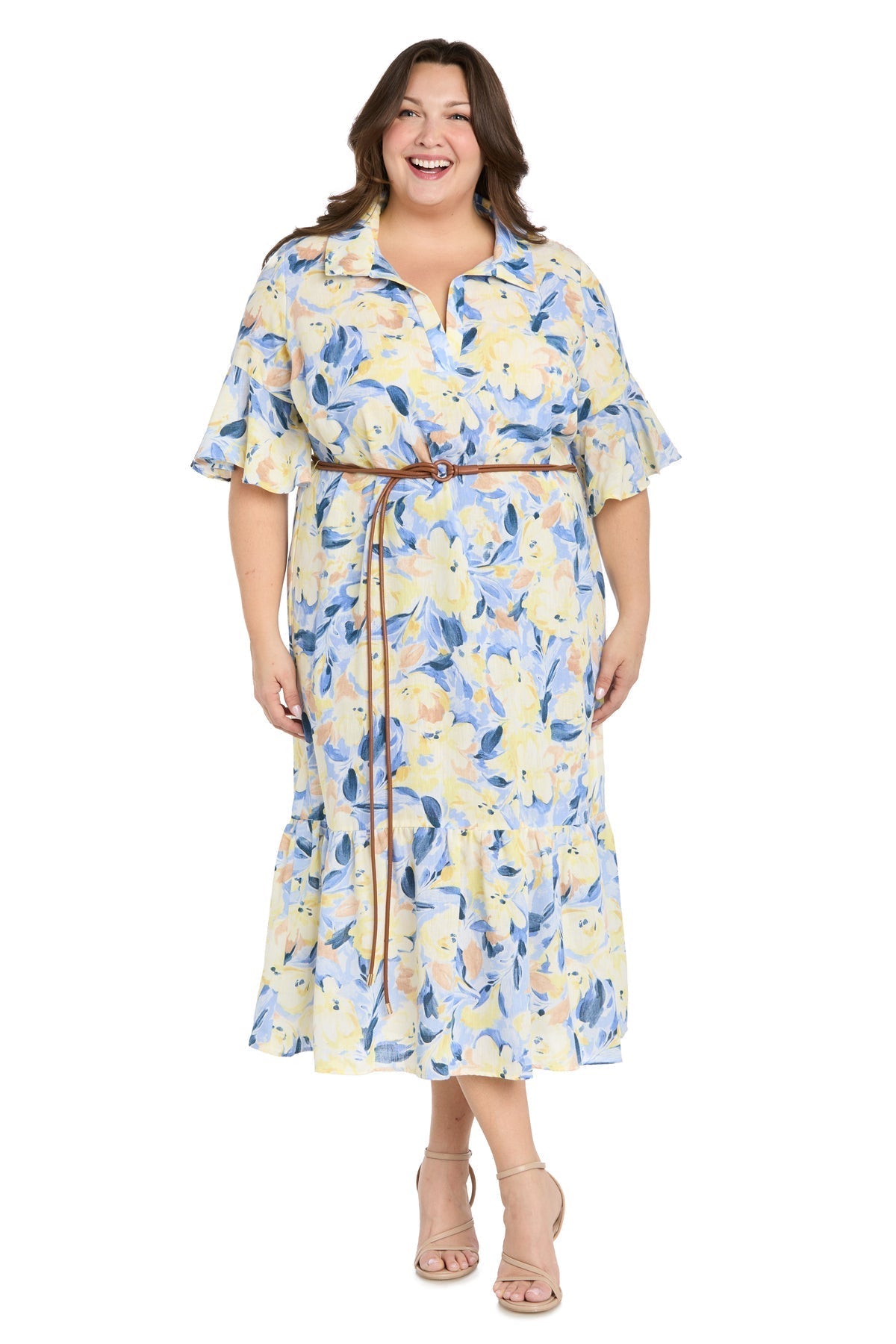 Printed Midi Shirt Dress with Bell Sleeve and Belt - Plus