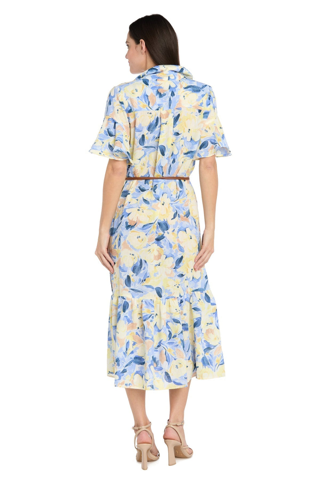 Printed Midi Shirt Dress with Bell Sleeve and Belt