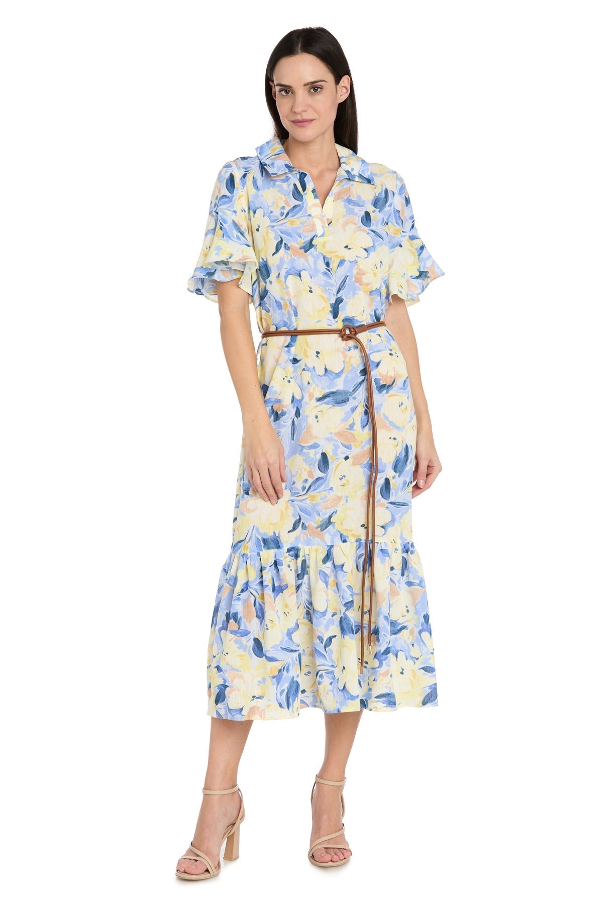 Printed Midi Shirt Dress with Bell Sleeve and Belt