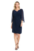 Short Jersey Dress with Tulip Chiffon Sleeve - Navy