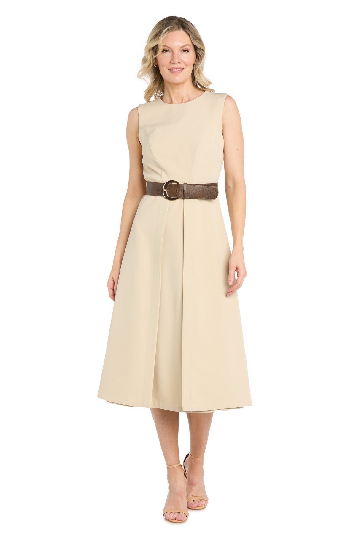 Stretch Twill Midi Dress with Split Skirt and Belt