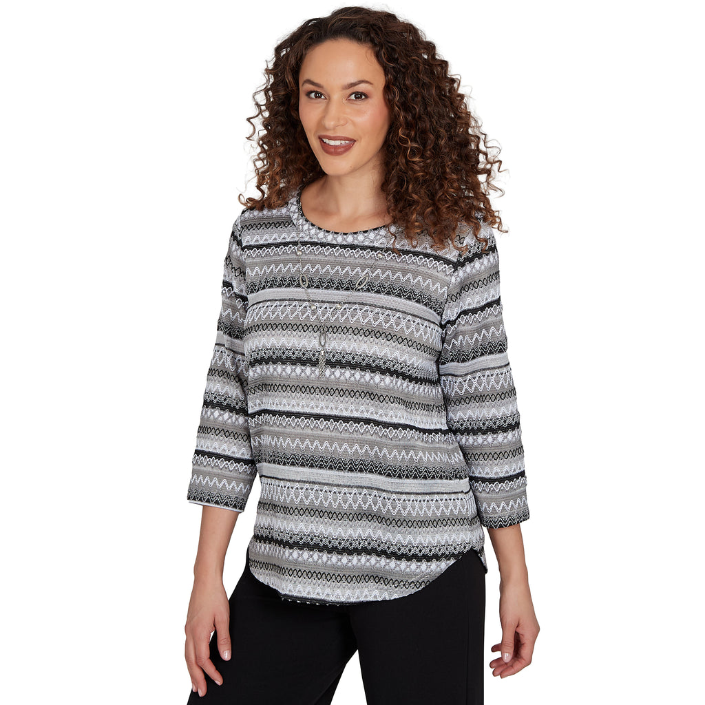 Alfred Dunner Textured Stripe Knit Top with Necklace - Grey