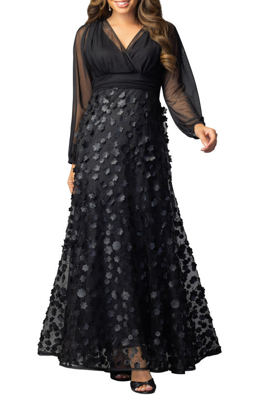 Blossoming Beauty Mesh Evening Gown - Black