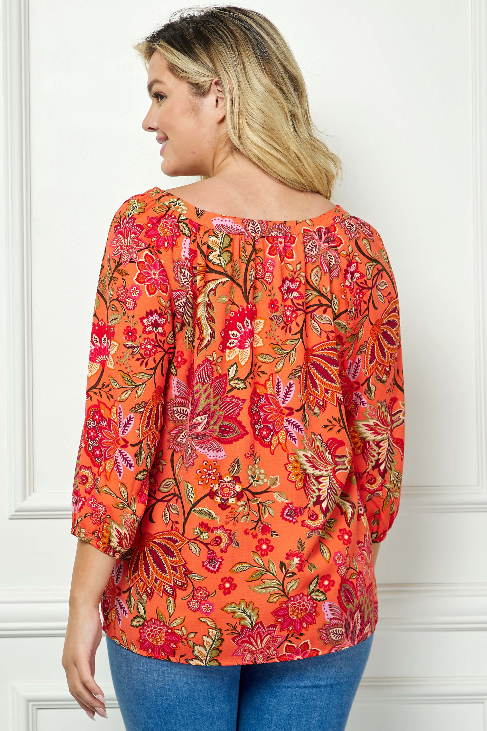 3/4 Sleeve Beaded Tie-Neck Blouse in Orange/Magenta/Olive - Plus