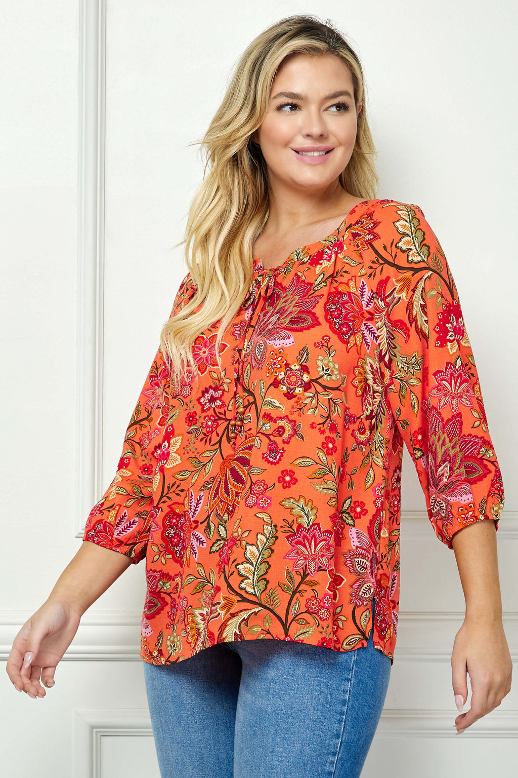 3/4 Sleeve Beaded Tie-Neck Blouse in Orange/Magenta/Olive - Plus