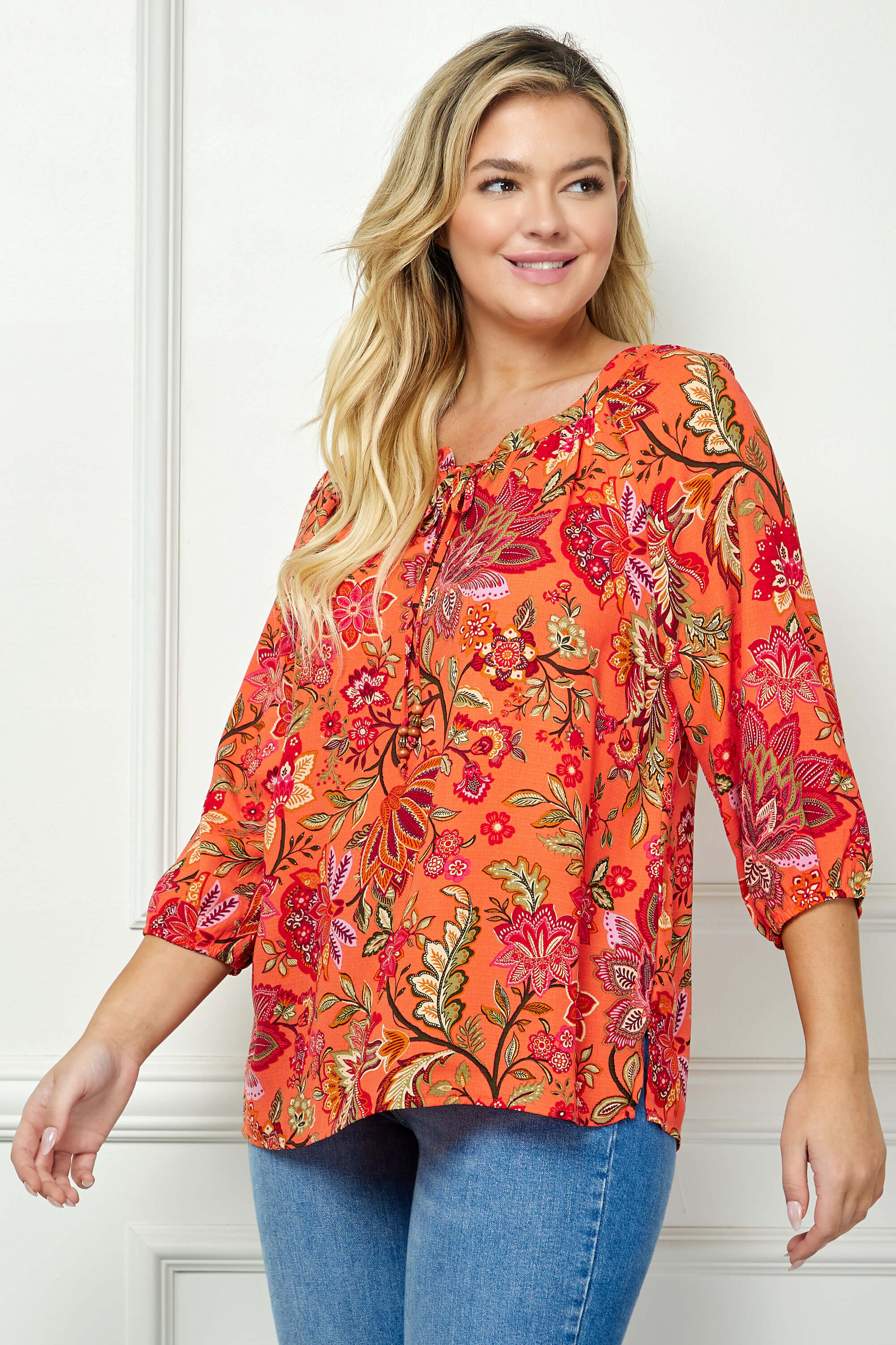 3/4 Sleeve Beaded Tie-Neck Blouse in Orange/Magenta/Olive - Plus