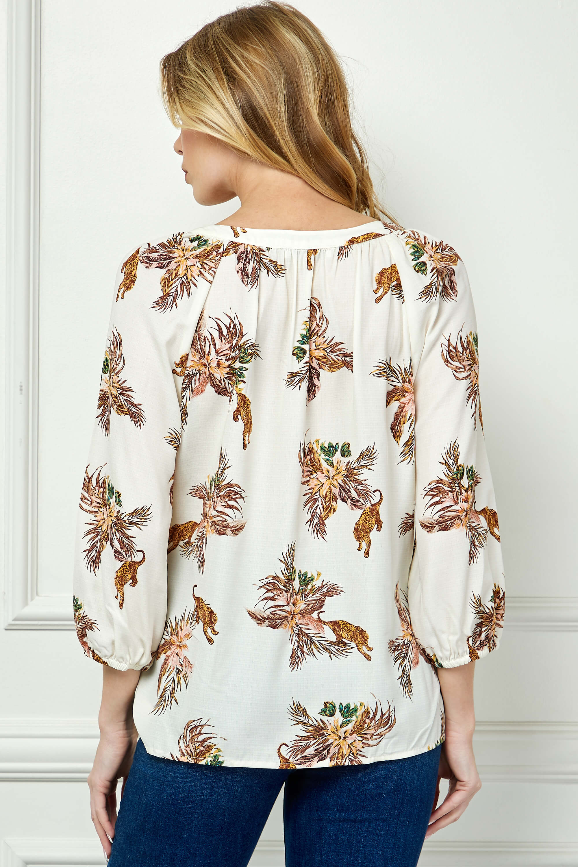 3/4 Sleeve Beaded Tie-Neck Blouse in Cream/Mocha/Coral