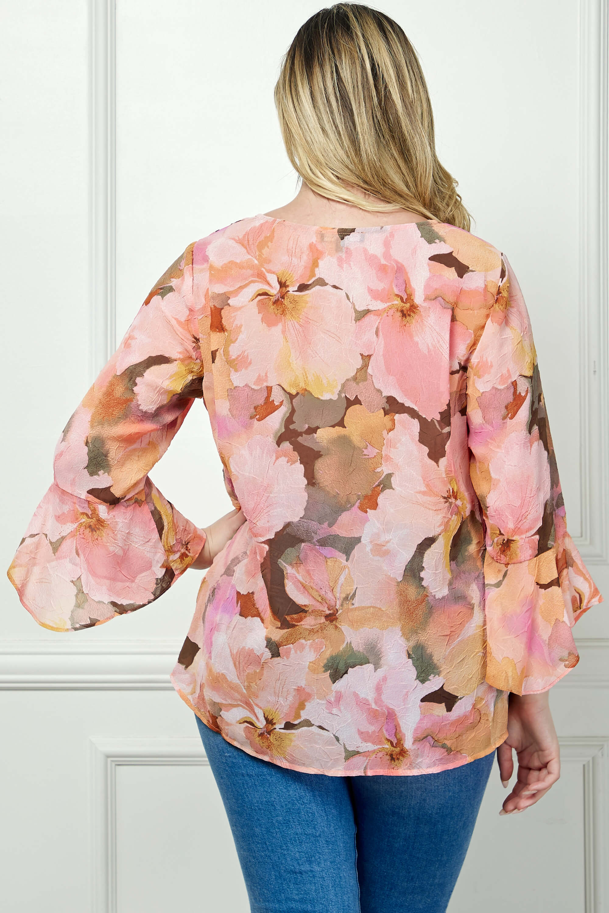 3/4 Ruffle Sleeve V-Neck Swing Blouse in Yellow/Peach/Brown - Plus