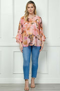 3/4 Ruffle Sleeve V-Neck Swing Blouse in Yellow/Peach/Brown - Plus