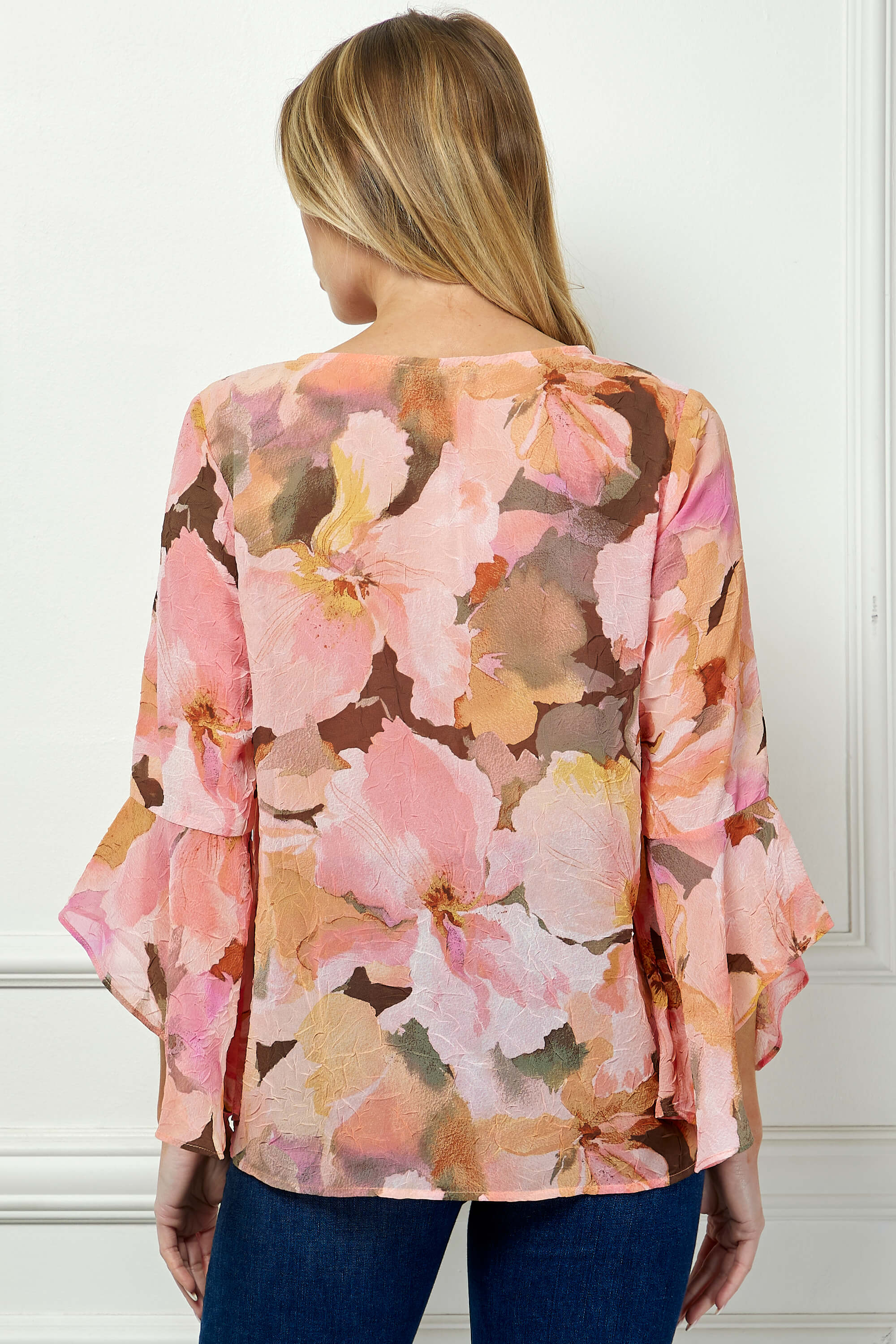3/4 Ruffle Sleeve V-Neck Swing Blouse in Yellow/Peach/Brown