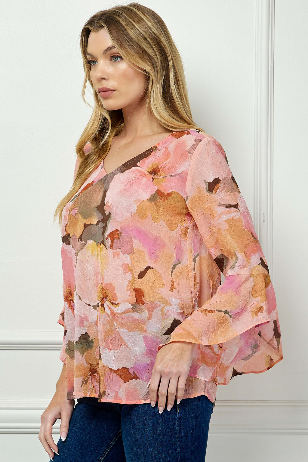 3/4 Ruffle Sleeve V-Neck Swing Blouse in Yellow/Peach/Brown