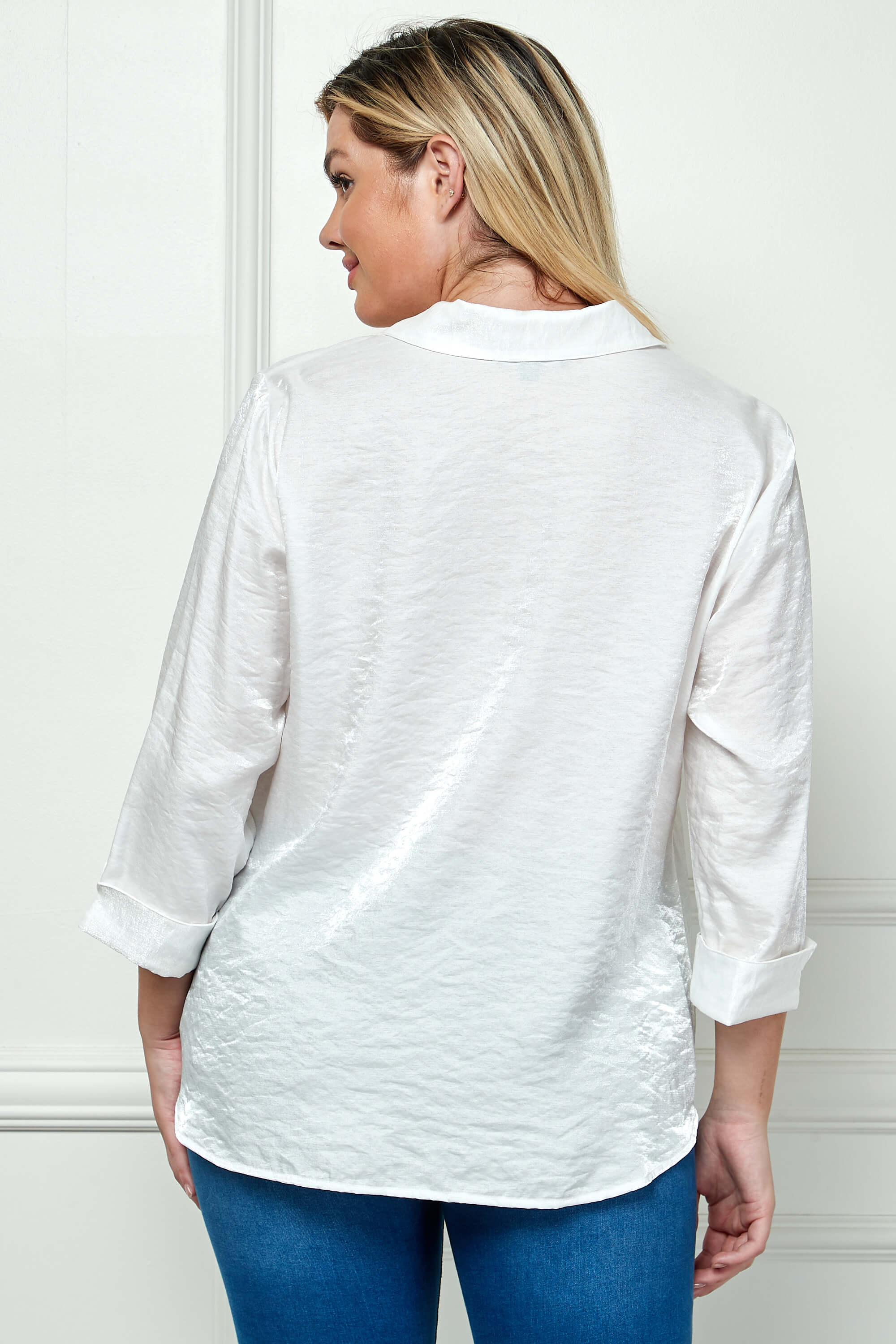3/4 Notch Sleeve Button Front Spread Collar Blouse in White - Plus