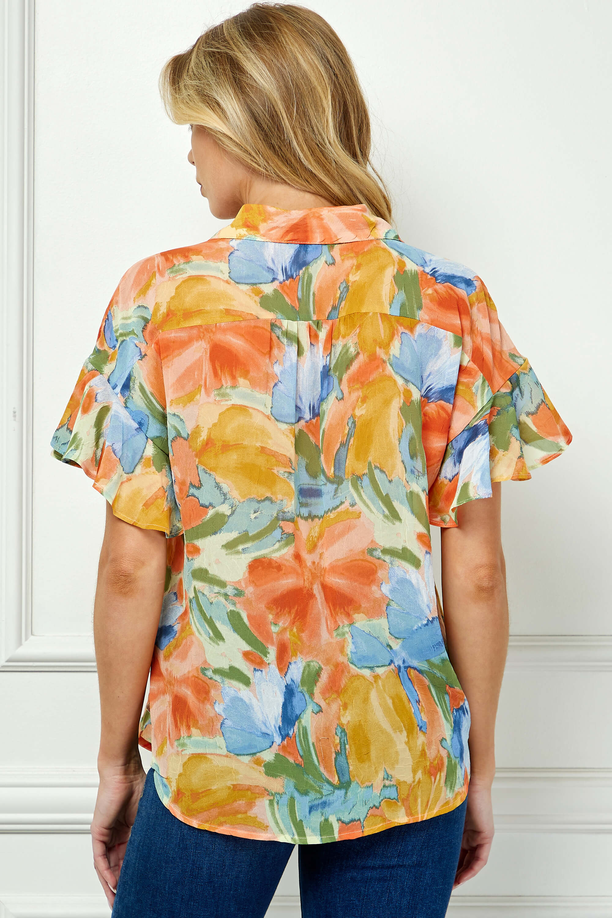 Ruffle Sleeve Button-Front Blouse in Sage/Coral/Yellow