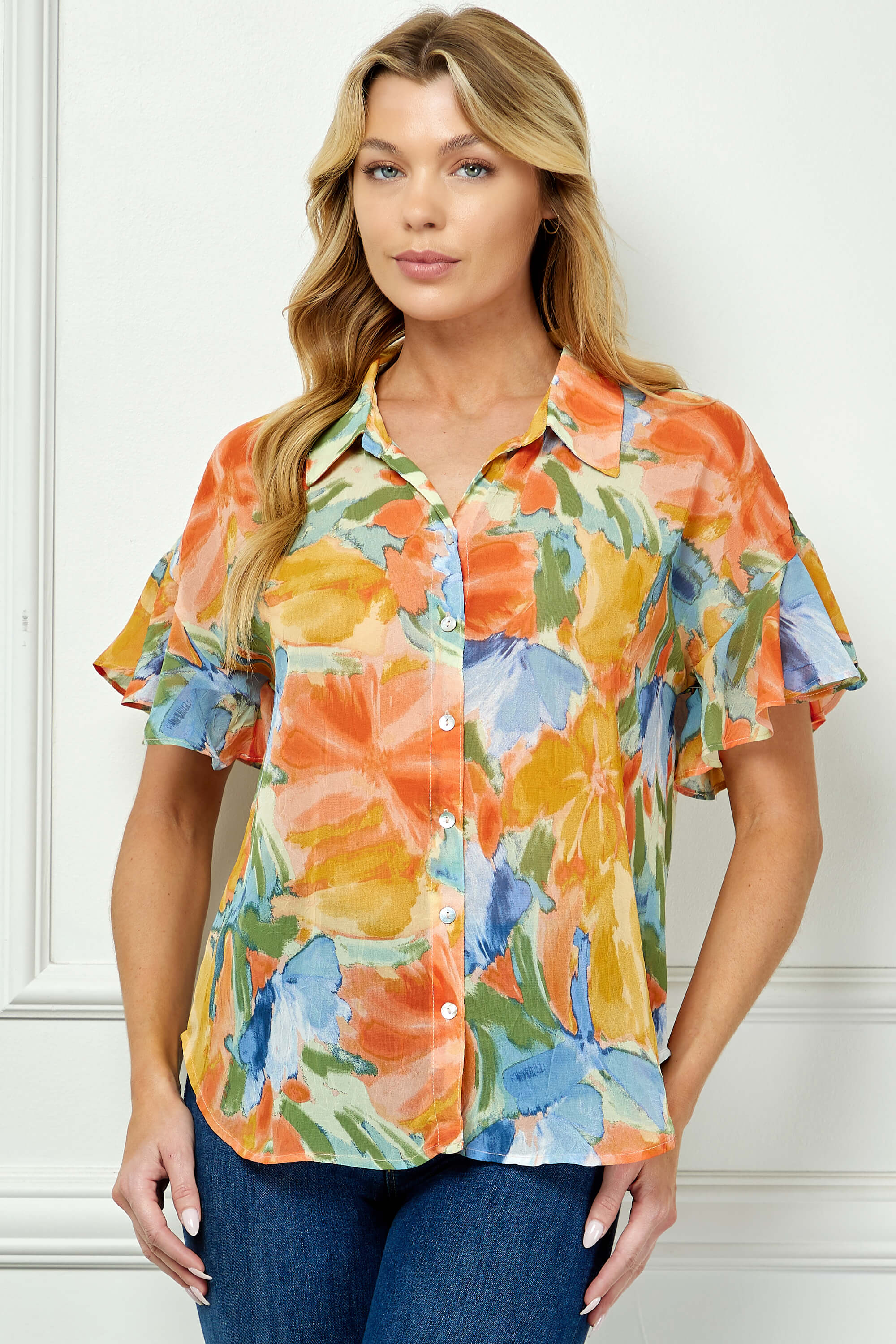 Ruffle Sleeve Button-Front Blouse in Sage/Coral/Yellow