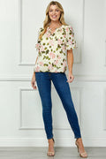 Ruffle Tie Sleeve V-Neck Bubble Blouse in Yellow