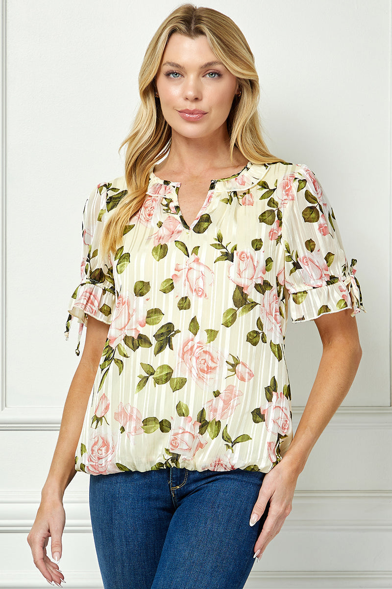 Ruffle Tie Sleeve V-Neck Bubble Blouse in Yellow
