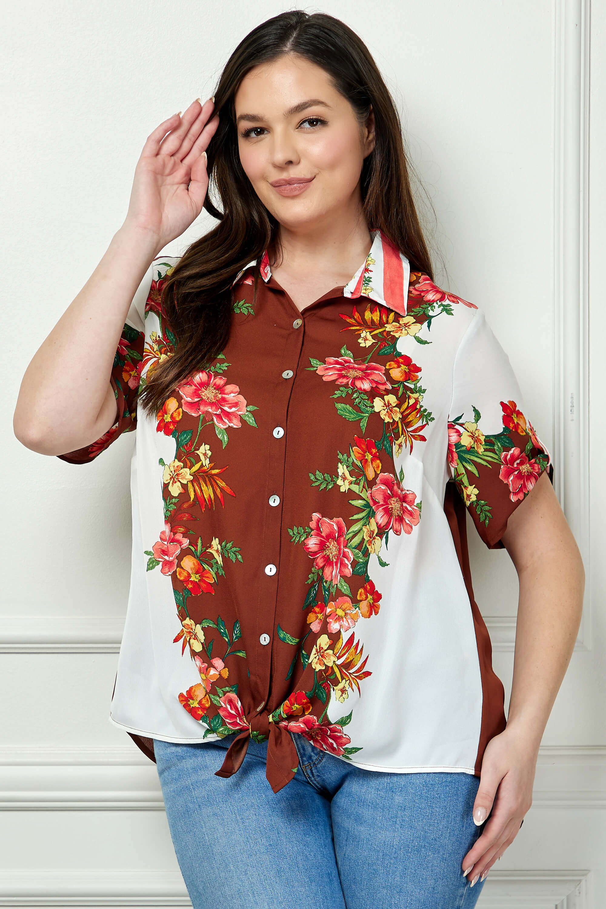 Button Tab Sleeve Tie-Front Print Blouse in Brown/Ivory/Red - Plus
