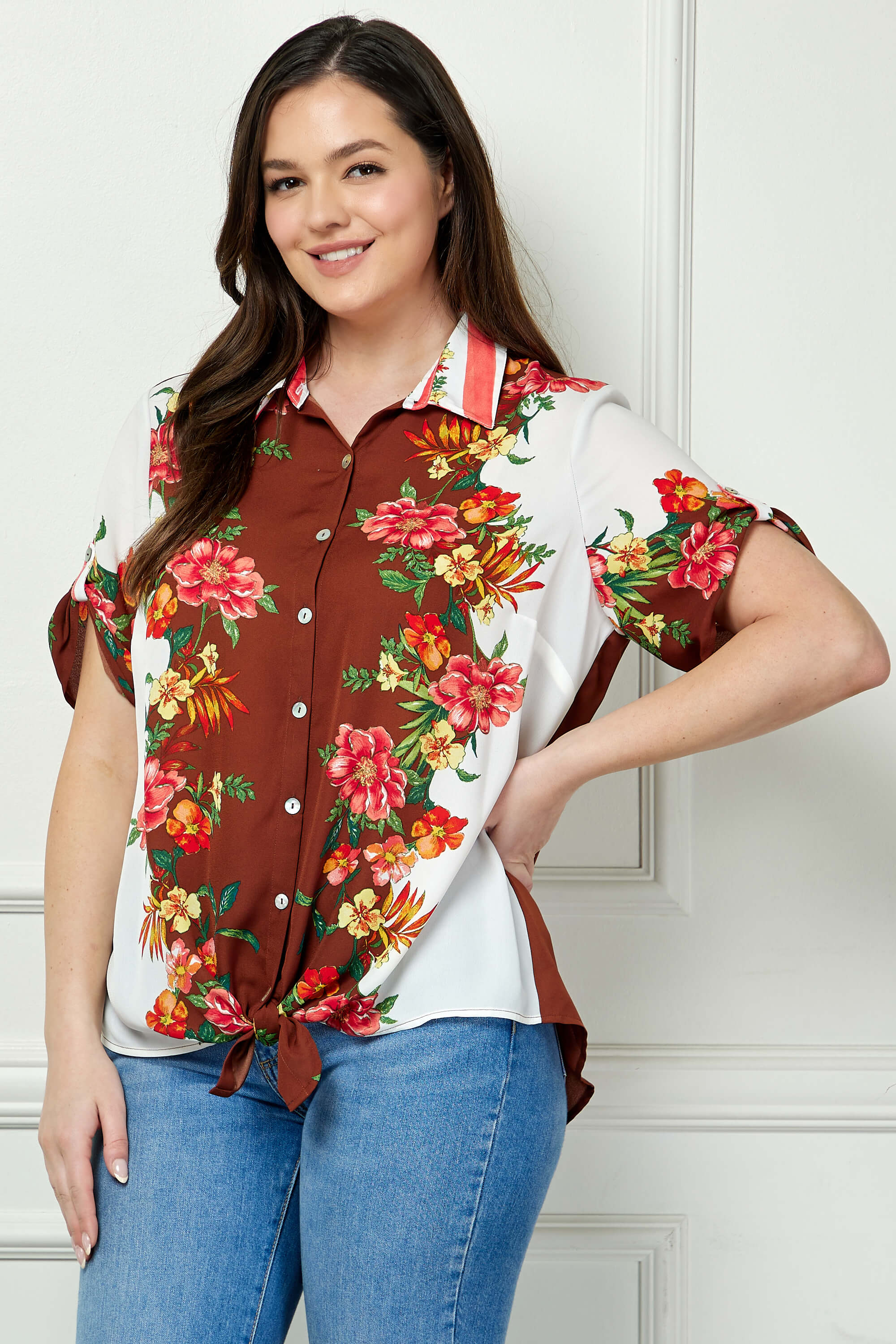 Button Tab Sleeve Tie-Front Print Blouse in Brown/Ivory/Red - Plus