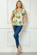 Flutter Sleeve Beaded Tie Blouse in Beige/Teal/Olive