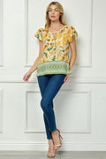 Flutter Sleeve Beaded Tie-Neck Print Blouse in Cream/Rust/Sage