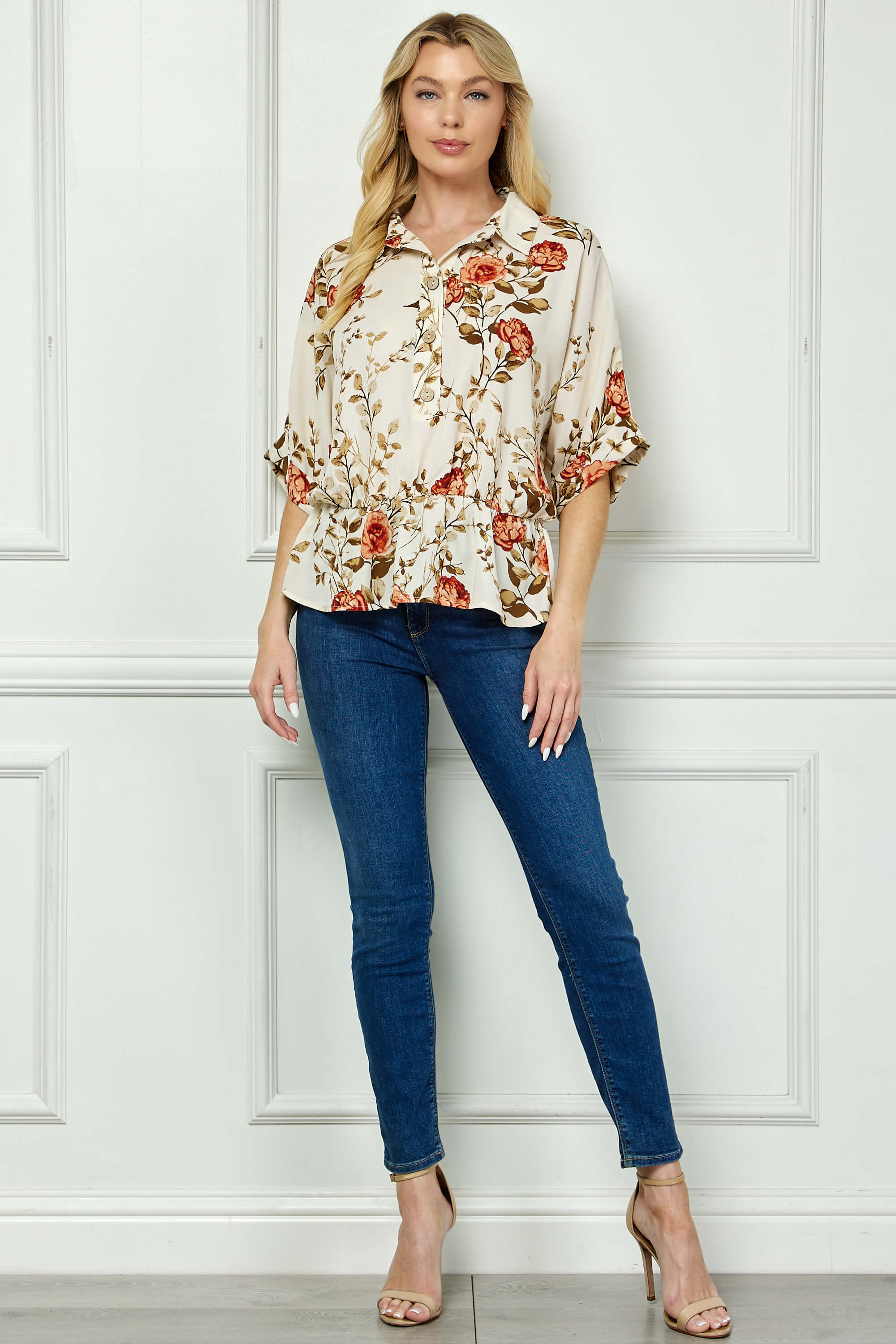 Dolman Sleeve Elastic Waist Popover Blouse in Cream/Rust/Olive