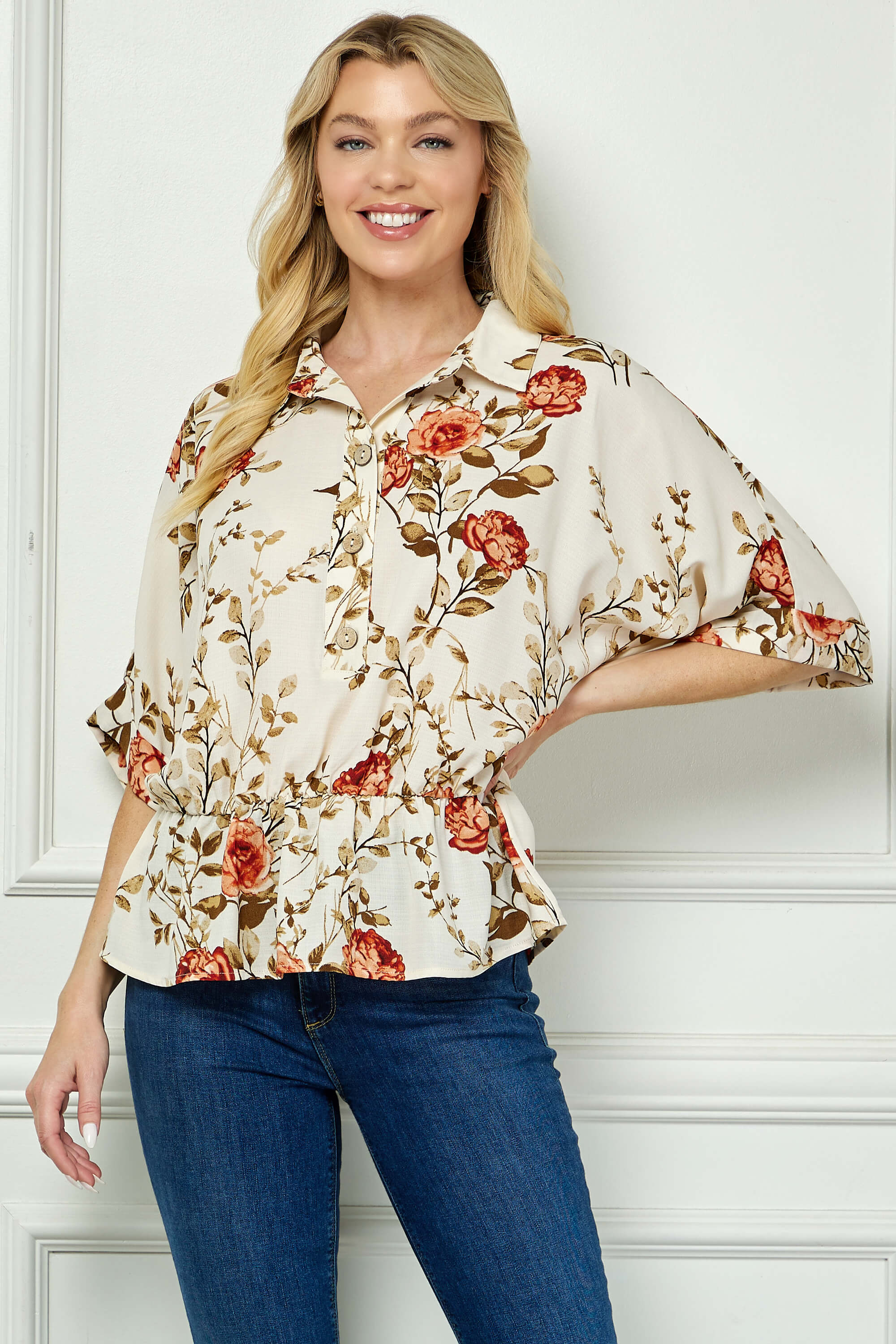 Dolman Sleeve Elastic Waist Popover Blouse in Cream/Rust/Olive