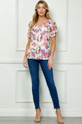 Step Sleeve Cutout Trim Bubble Blouse in Pink