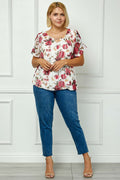 Step Sleeve Cutout Neck Ring Trim Bubble Blouse in Ivory - Plus