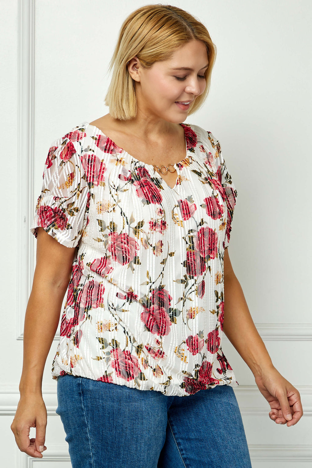 Step Sleeve Cutout Neck Ring Trim Bubble Blouse in Ivory - Plus