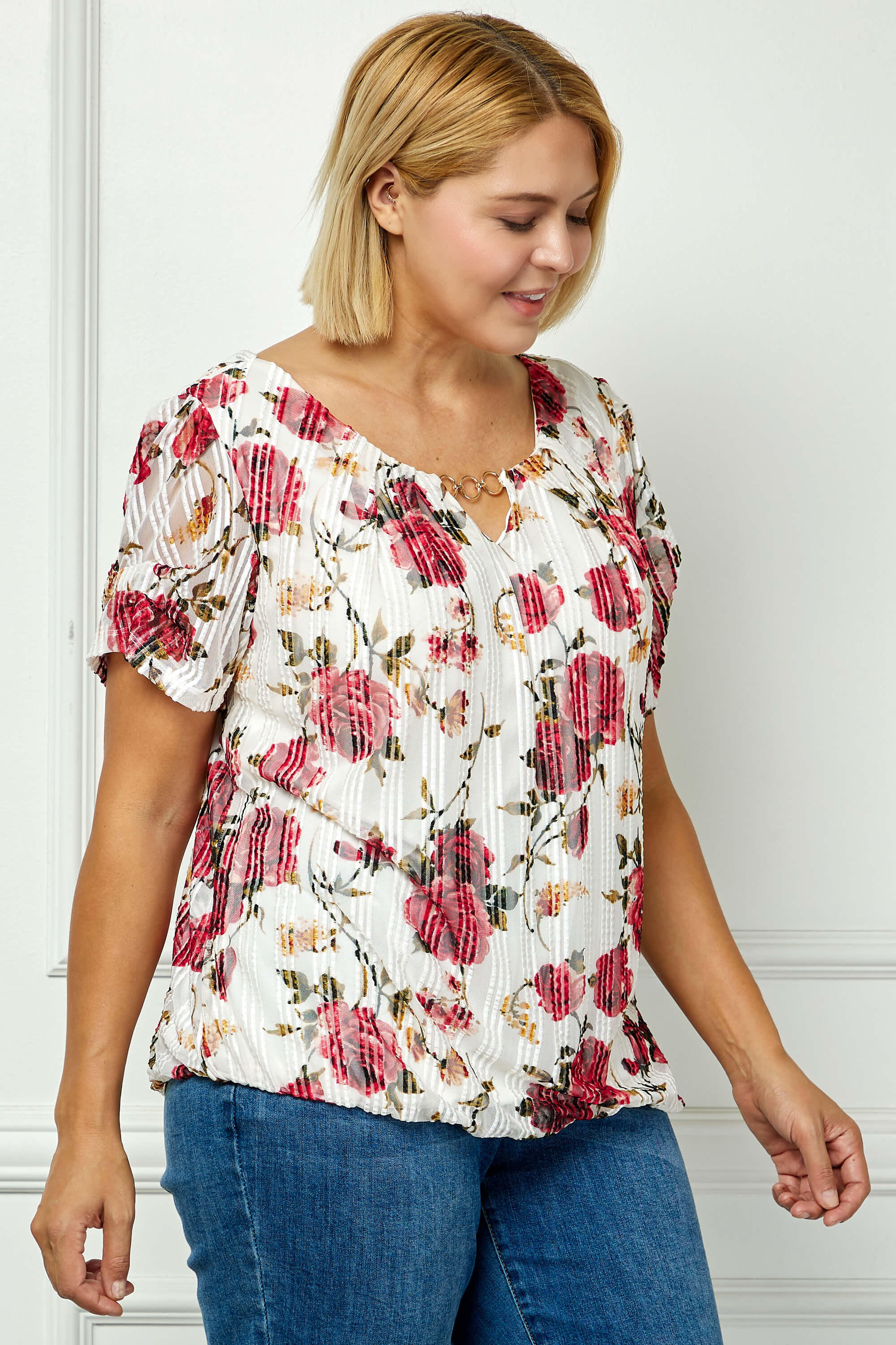 Step Sleeve Cutout Neck Ring Trim Bubble Blouse in Ivory - Plus