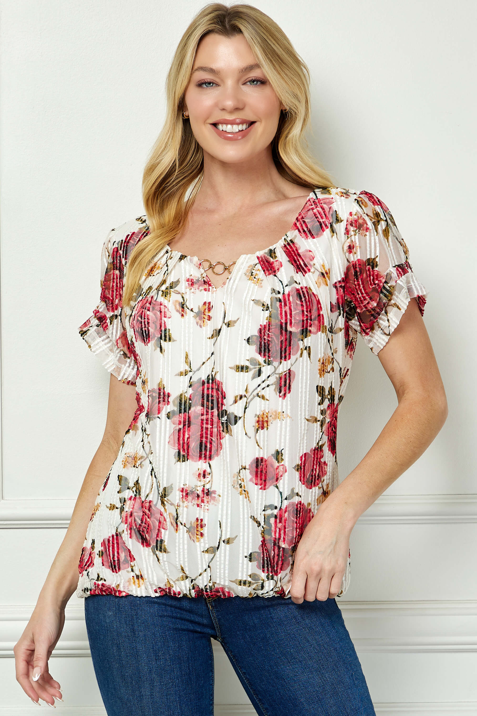 Step Sleeve Cutout Neck Ring Trim Bubble Blouse in Ivory