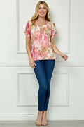 Step Sleeve Cutout Neck Ring Trim Bubble Blouse in Ivory/Pink