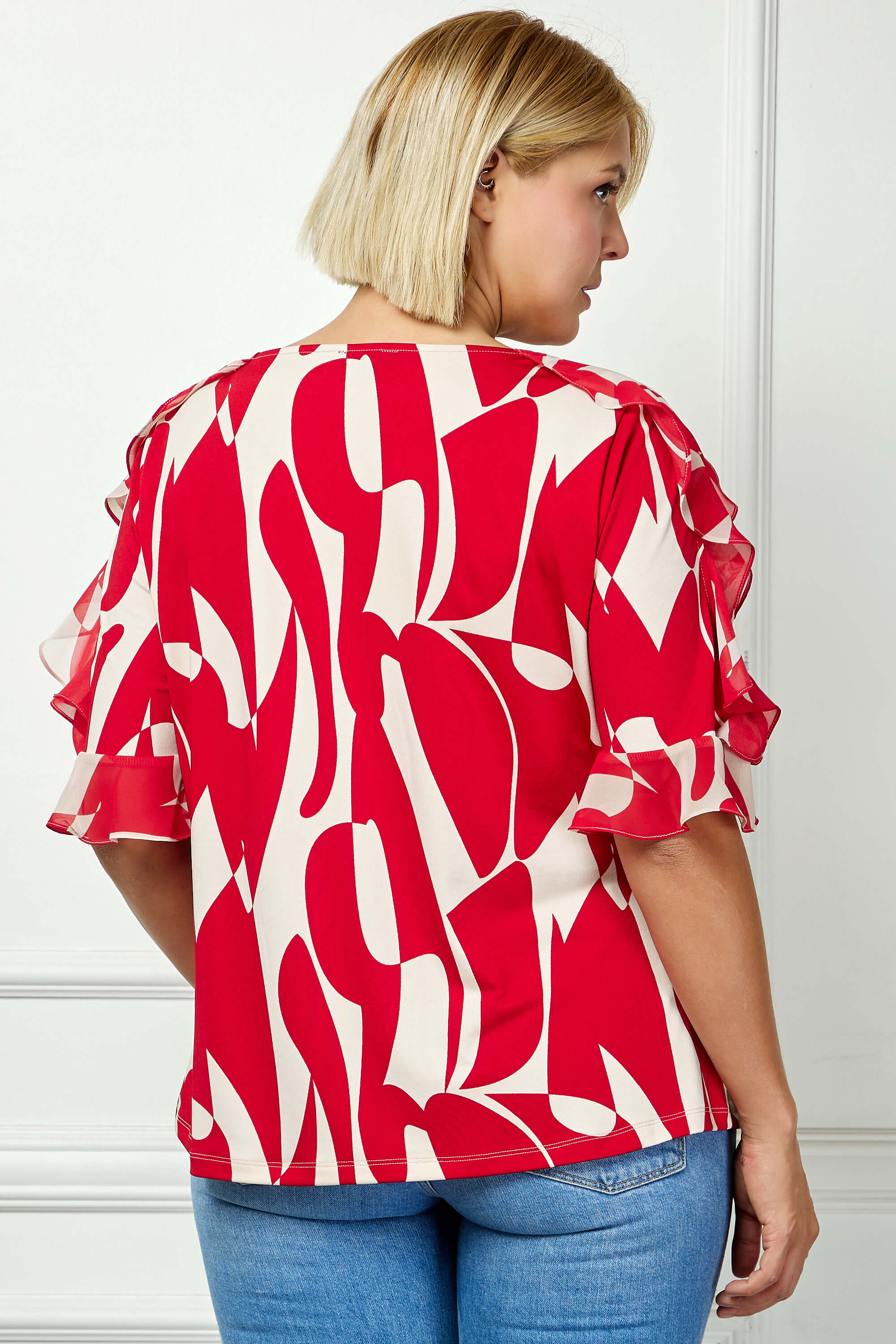 Ruffle Cold Shoulder Boat Neck Blouse in Red/Tan - Plus
