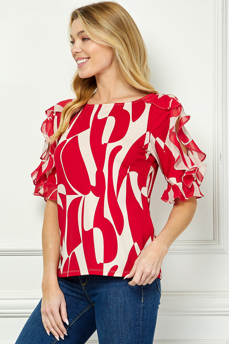 Ruffle Cold Shoulder Boat Neck Blouse in Red/Tan