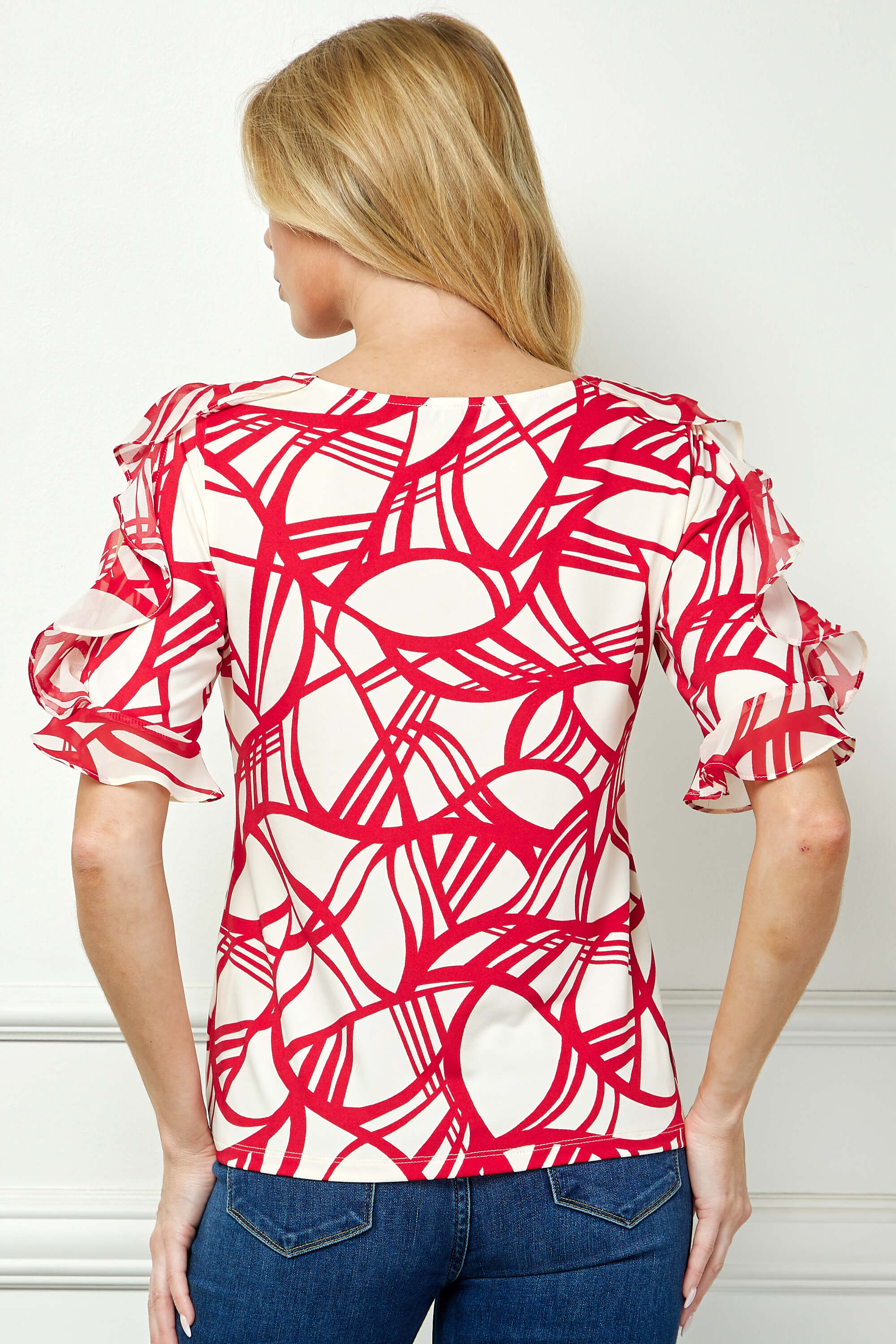Ruffle Cold Shoulder Boat Neck Blouse in Cream/Red