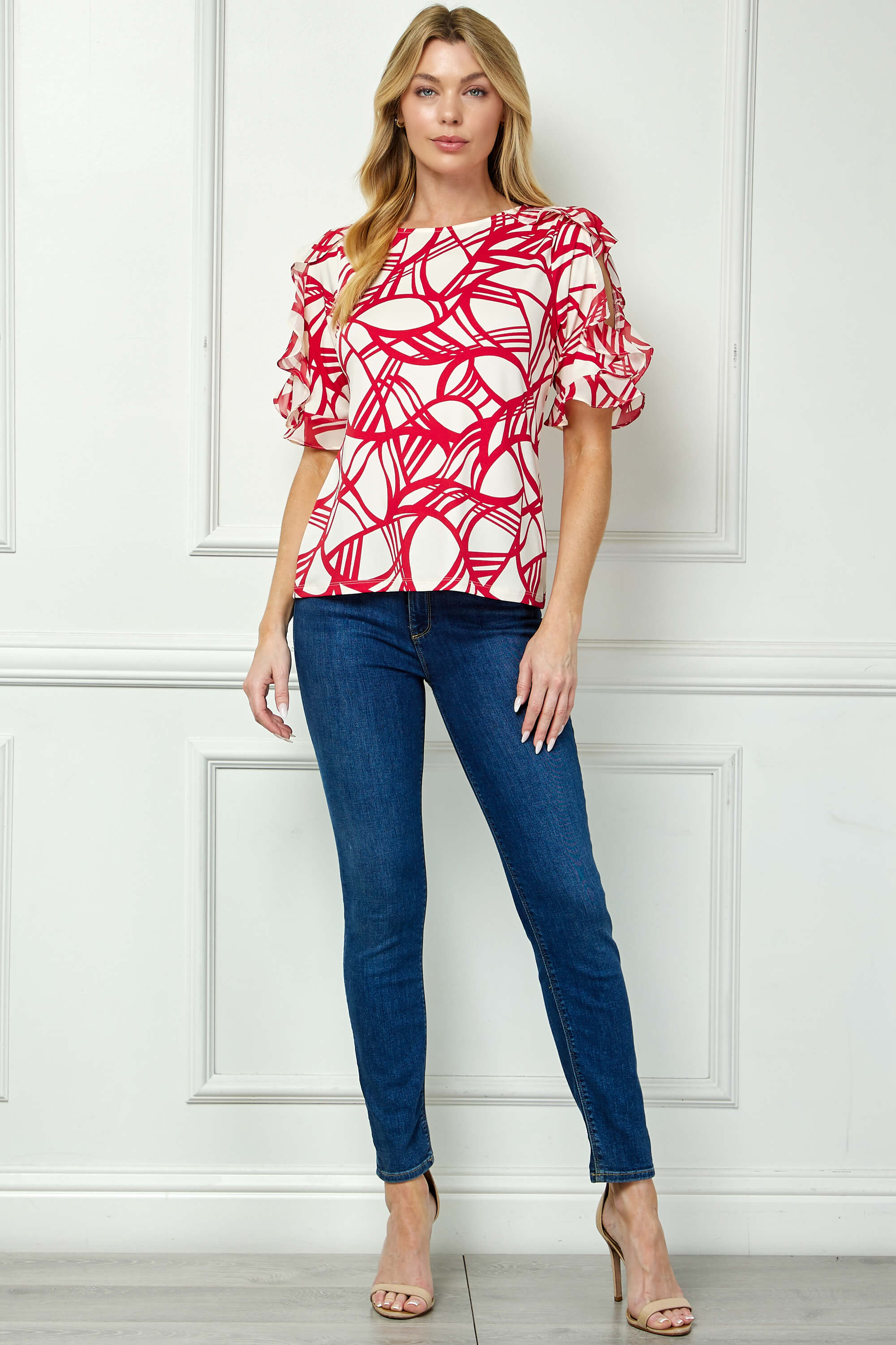 Ruffle Cold Shoulder Boat Neck Blouse in Cream/Red