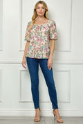Short Puff Sleeve Pleat Scoop Neck Lined Bubble Blouse in Ivory/Olive/Rust