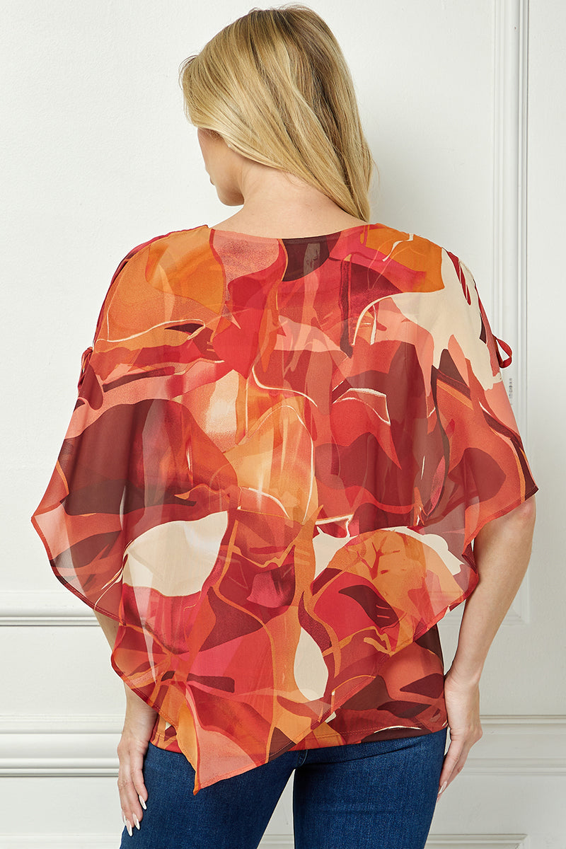 Cold Shoulder V-Neck Hanky Hem Poncho Top in Ivory/Marigold/Orange
