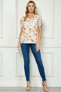 Tulip Sleeve V-Neck Layered Front Blouse in Cream/Brown