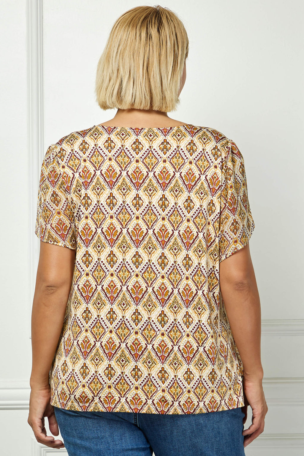 Tulip Sleeve Button-Front V-Neck Blouse in Cream/Olive/Rust - Plus
